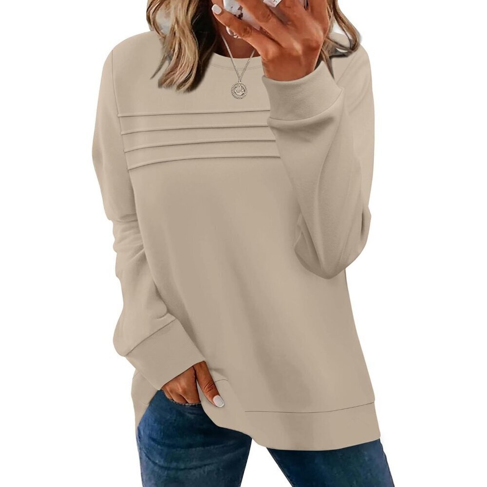 Womens Khaki Crewneck Sweatshirt Long Sleeve Pleated Casual Fall